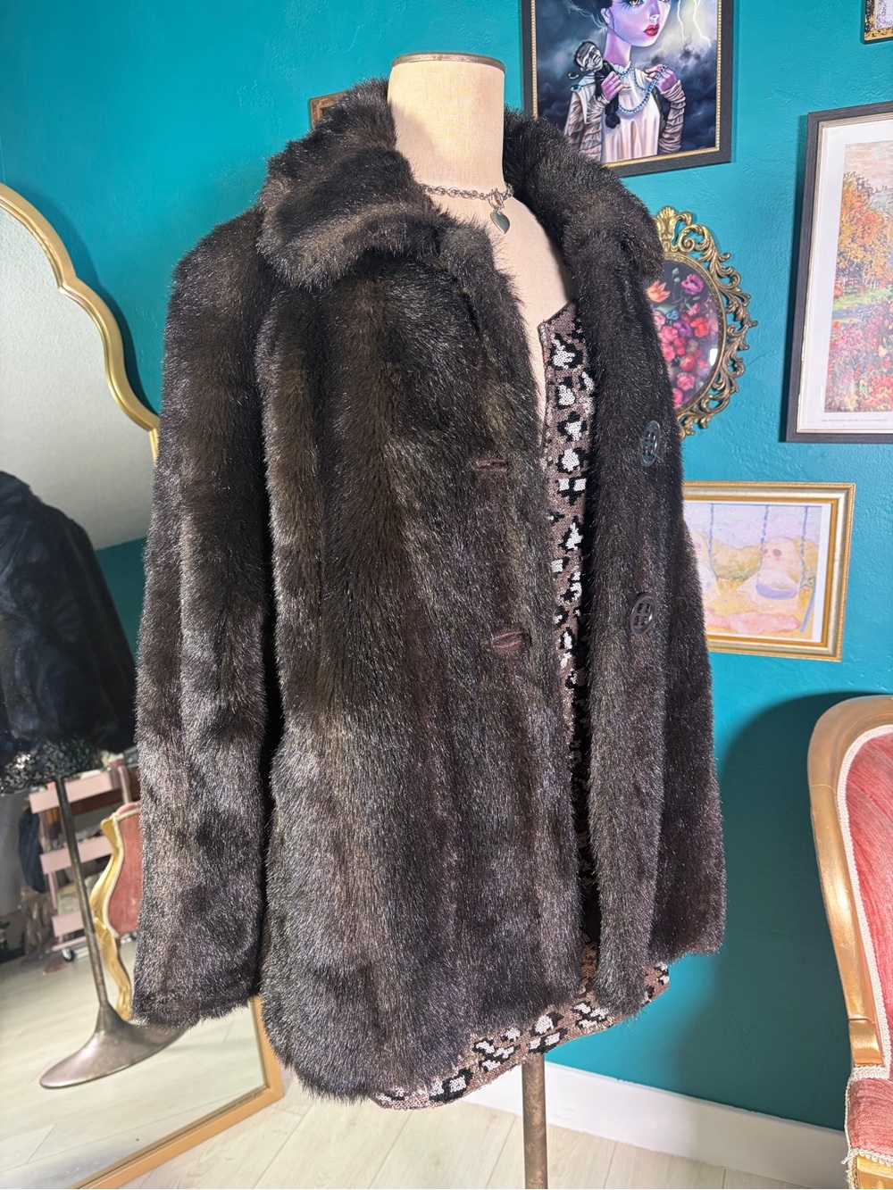 Black Faux Fur Oversized Button Coat Indie Sleaze Size S